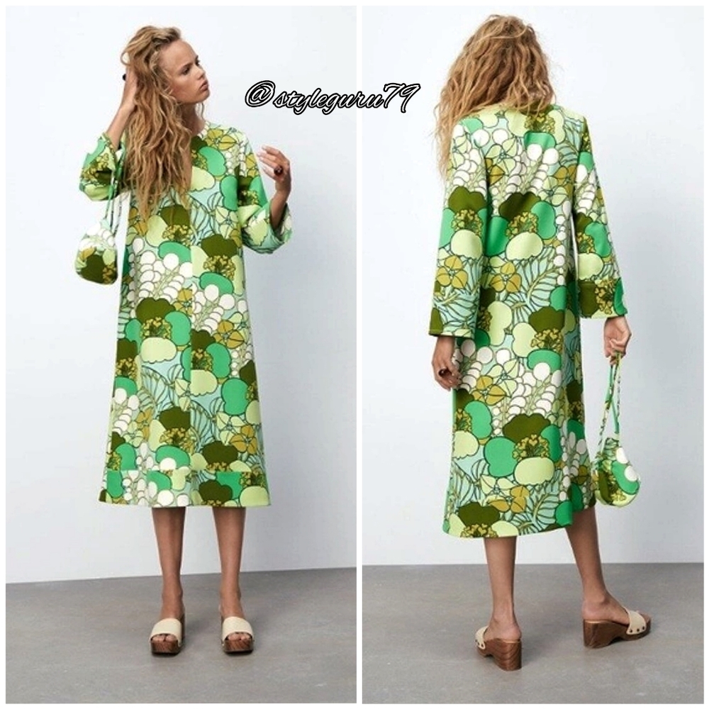NWT, ZARA, Printed Retro groovy vintage Dress with Matching Bag